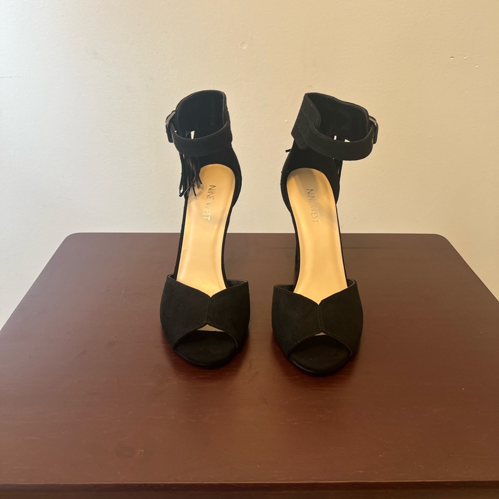 Nine West Amma Black Fringe Buckle Ankle Strap Stiletto Open Toe Heels  Size 7
